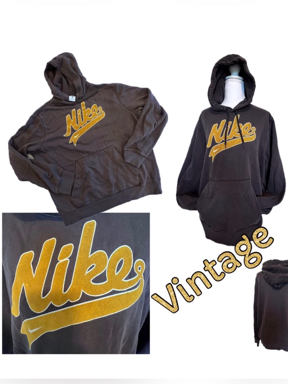 Vintage Rare Nike Felt Swoosh Y2K Hoodie Center Mens Large Brown Kangaroo pocket